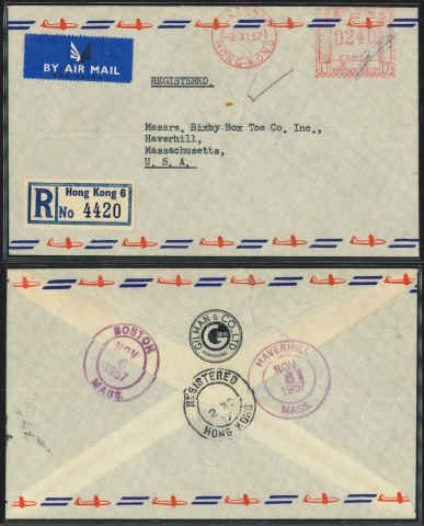 1957 (2 NO) Gilman & Co. Ltd.’s Metered-stamp registered air mail cover – sent to Messrs. Bixby Box Toe Co. Inc., Haverhill, Massachusetts, U.S.A.