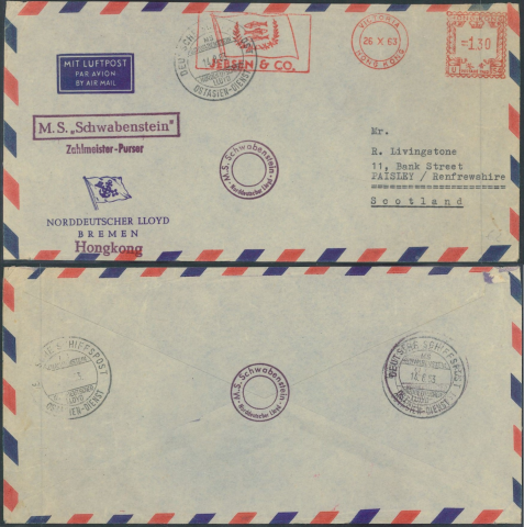 1963 (26 OC 14 AU) JEBSEN CO's Metered-stamp airmail Cover – sent from M S Schwabenstein NORDDEUTSCHER LLOYD BREMEN Hongkong to Mr R Livingstone 11