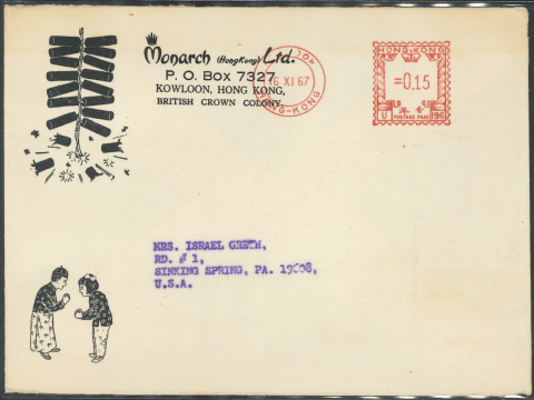 1967 (16 NOV) Monarch (HongKong) Ltd.’s Metered-stamp cover – sent to MRS. ISRAEL GRETH, RD.#1, SINKING SPRING, PA. 19608, U.S.A.