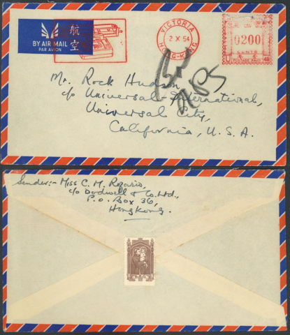 1954 (2 OC) Dodwell & Co. Ltd.’s Metered-stamp airmail Cover – sent to Mr. Rock Hudson c.o Universal International, Universal City, California, U.S.A.