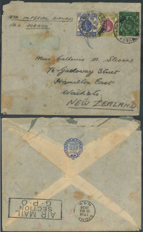 1936 (18 DE) THE HONG KONG CLUB Imperial Airways R.M.A. “Dorado” Air Mail Cover - sent to Miss Catherine M. Stevens, 76 Galloway Street, Hamilton East, Waikato, NEW ZEALAND