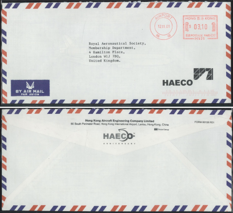 2001 (12 11) Hong Kong Aircraft Engineering Company Limited (HAECO) Metered-stamp Air Mail Cover - sent to Royal Aeronautical Society, Membership Department, 4 Hamilton Place, London W1J 7BQ, United Kingdom with FMC