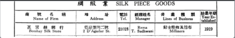 Bombay Silk Store, 2 D;Aguilar St., established in 1919