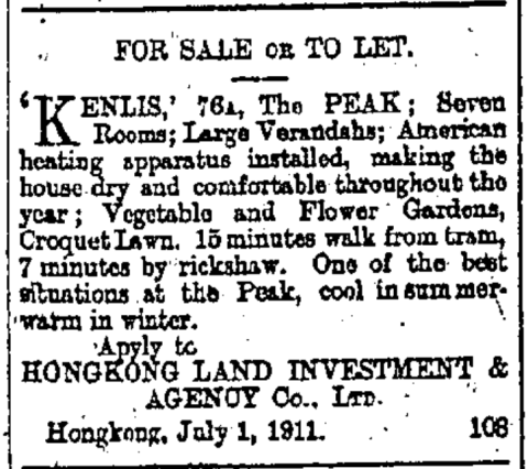Kenlis - For Sale or To Let The China Mail page 3 12th July 1911