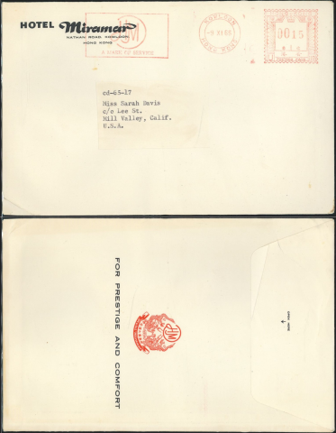 1965 (9 XI) Hotel Miramar Metered-stamp Cover - sent to Miss Sarah Davis, c.o Lee St., Mill Valley, Calif., U.S.A. (typed on label marked cd-65-17)