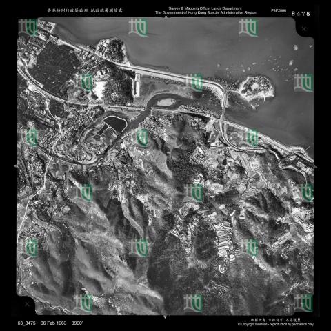 Aerial photo of Tai Po, 1963, shows the area that would later have Wang Fuk Court built on it, at the top near Island House