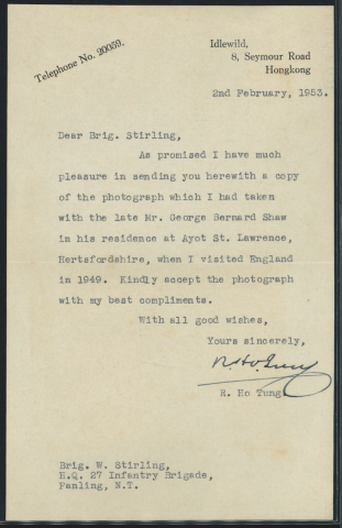 1953 (2 FEB) Signed letter of Sir Robert Ho Tung to George Bernard Shaw