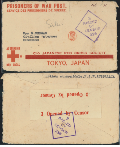 194x (xx xx) Japanese Occupation Period Australian Red Cross via Japanese Red Cross Society to Civilian Internment Camp Cover with Censor Marks in red and violet - sent to Mrs W. SHEWAN, Civilian Internee, HONGKONG
