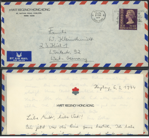 1974 (7 MAR) Hyatt Regency Hong Kong Kowloon Branch Post Office Air Mail Cover - addressed to Familie, W. Kleinschmidt, 23 Kiel 1, Waitzstraße 92, West-Germany