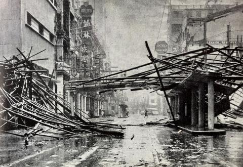 1960 - fallen scaffolding on Hennessy Rd. in wake of Typhoon Mary