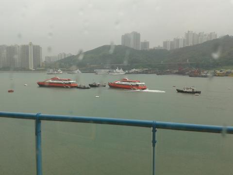 Moored ferries in anticipation of Typhoon Usagi, September 2013