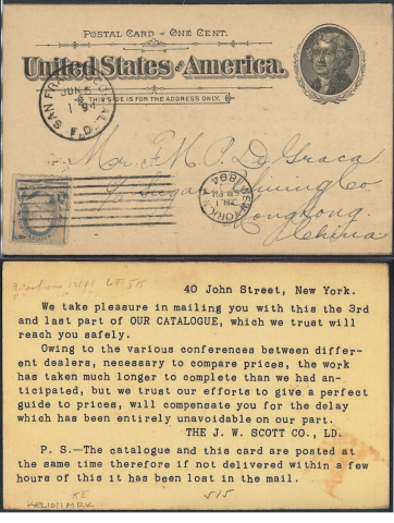 1894 (JUN. 1) J.W. Scott Co., Ld. New York United States of America Incoming Postal Card (One Cent) - sent to Messrs. F. M. P. De Graca ( Francisco Maria Paulo de Graca) c.o Sugar Refining Co., Hongkong, China