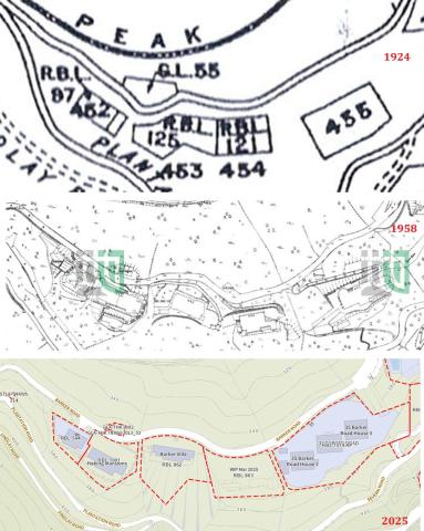 Barker Road maps 1924, 1958 and 2025