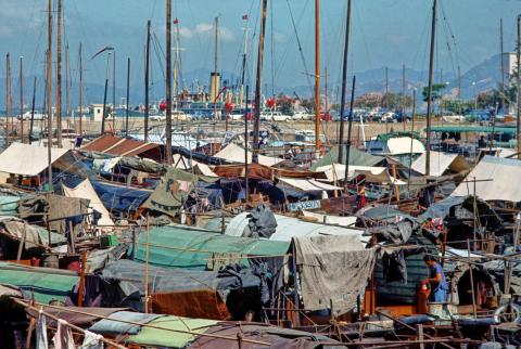 Causeway Bay typhoon shelter-Danish cable ship STORE NORDISKE moored just outside 1966