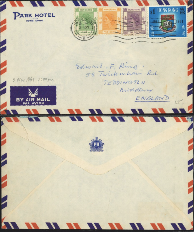 1961 (3 NOV) A Park Hotel Air Mail Cover - sent to Edward F. Ring, 58 Twickenham Rd, Teddington, Middlesex, ENGLAND