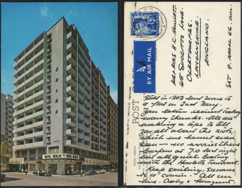 1966 (10 AP) Hotel Merlin美輪酒店Air Mail Centre Air Mail Post Card - addressed to MR. & MRS H.C. HOWLETT., 45 SUGGITTS LANE, CLEETHORPES, LINCOLNSHIRE., ENGLAND
