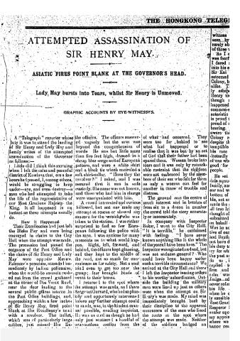 The Hongkong Telegraph July 1912 -  assassinate attempt on Henry May