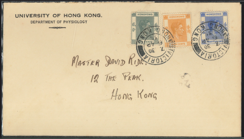 1938 (6 AP) Dr. Lindsay Tasman Ride Master David Ride University of Hong Kong Department of Physiology Second Day of Issue Cover - Dr. Ride sent to his eldest son, MASTER DAVID RIDE, 12. THE PEAK., HONG KONG.