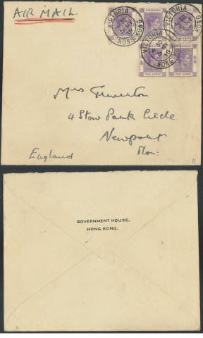 1938 (5 MY) Government House First Day of Use of Handstamp Air Mail Cover - addressed to Mrs. Sreveton, 4 Stow Park Circle, Newport England