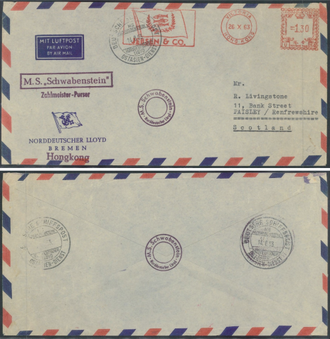 1963 (26 OC 14 AU) JEBSEN & CO.’s Metered-stamp airmail Cover - sent from M.S. “Schwabenstein”, NORDDEUTSCHER LLOYD BREMEN, Hongkong to Mr. R. Livingstone, 11, Bank Street, PAISLEY-Renfrewshire, Scotland