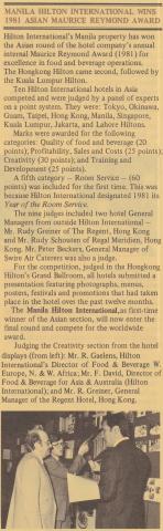 Manila Hilton International Wins 1981 Asian Maurice Reymond Award