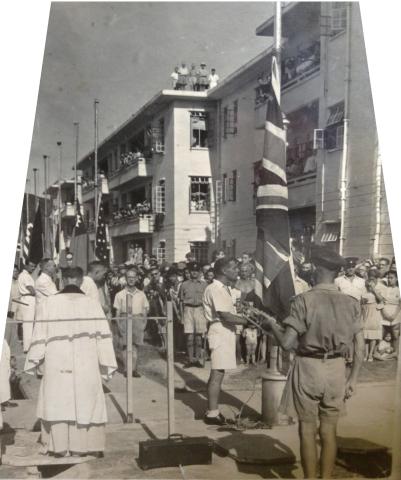 Flag raising ceremony at Stanley Camp