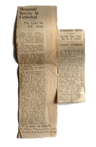 Newspaper clipping of R E Jones memorial service