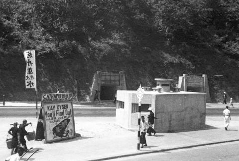 Hong Kong, street scene near air raid shelters