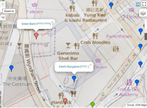 Map with Greenbank and Dent's Bungalow - modern Lan Kwai Fong