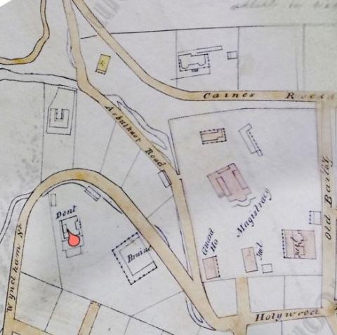 1845 map - Detail of Dent's Bungalow and above