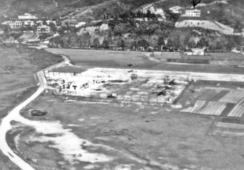 Hong Kong-RAF Shatin-3 Austers in compound & 1 taking off-see shadow on runway-1960