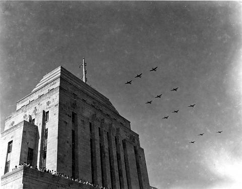  Fairey Barracudas fly in formation over the Japanese surrender celebrations