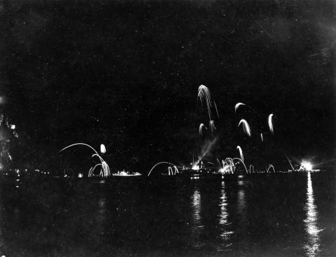 Fireworks over the harbour, celebrating the Japanese surrender.