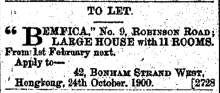 "Bemfica" No. 9 Robinson Road Hong Kong Daily Press page 4 6th November 1900