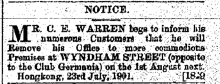 C.E. Warren Notice of Removal of offices to Wyndham Street Hong Kong Daily Press page 3 1st August 1901