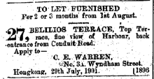 C.E. Warren To Let Top Terrace of 27 Belilios Terrace No. 3a Wyndham Street Hong Kong Daily Press page 5 1st August 1901