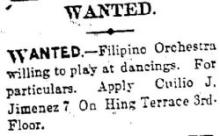 1919 Wanted Advertisement - Filipino Orchestra