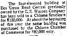 1921 C. E. Warren & Co. - Sale of Building on Des Voeux Road Central