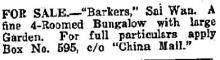 1929 "For Sale" - Barkers/Barker's Bungalow, Sai Wan (Chai Wan)