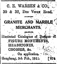 C.E. Warren Co. Granite and Marble Merchants The Hong Kong Telegraph page 5 22nd February 1911