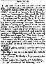 1874 For Sale - Fletcher's & Olyphant's Buildings, Queen's Road East