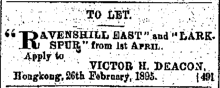 Ravenshill East and Larkspur To Let Hong Kong Daily Press page 3 12th March 1895