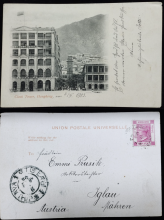 A postcard of the Hong Kong Hotel and Clock Tower sent to Austria