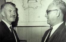 Gordon Freeth, Minister for External Affairs [left], met Jack Braga at the opening of an exhibition at the National Library of Australia, 17 March 1969. 