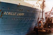 Archille Lauro at ocean terminal-unusual hull bracing- March 1981