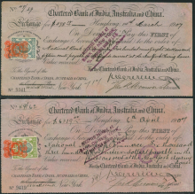 Two Bills of Exchange of the Chartered Bank of India, Australia and China with paid King Edward VII stamp duty dated 14 March 1907 and 6 April 1907