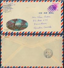 A cover sent to Canada in 1961 from the Kai Tak Airport Post Office with the blue six-bar cancel