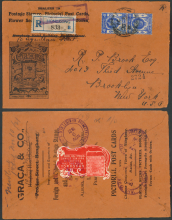 1921 (12 OC) Graca & Co. Red Registered Cover sent to R.P. Brook Esq.