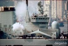 HMS ARK ROYAL  R07 gun salute arriving HK 23 08 1988