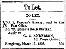 'To Let' notice for No. 2 Pedder Street The China Mail page 1 23rd August 1894